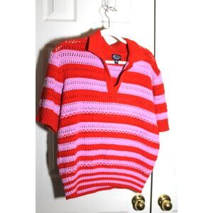 Scoop NYC Pink and Red Striped Short Sleeve Polo Sweater sz XL